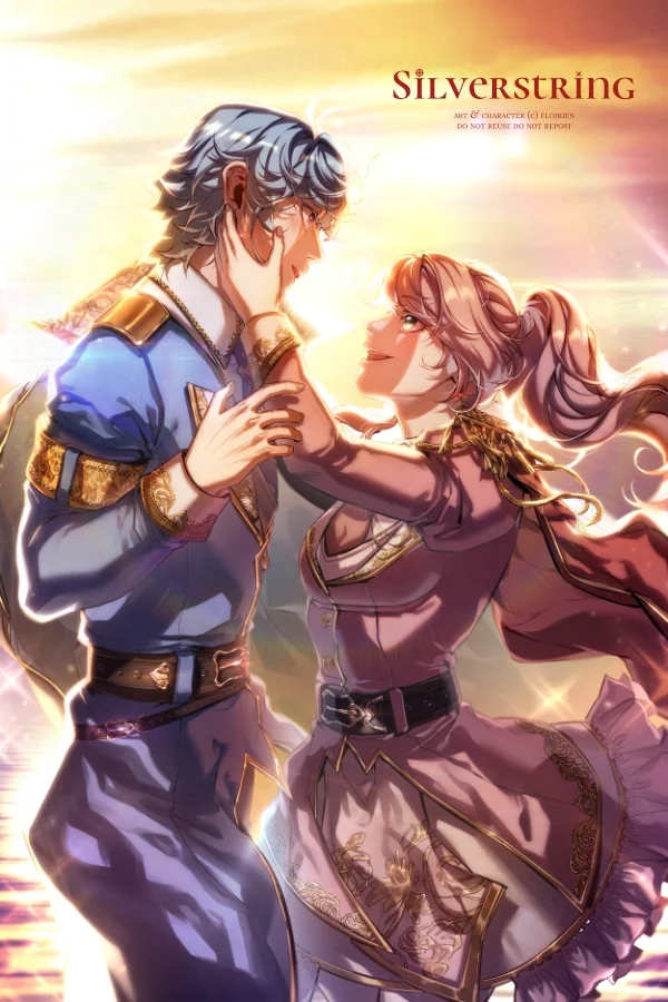 Silverstring webtoon cover: Princess Alicia smiling and gently cupping Crown Prince Archius's face with her hands, sharing a quiet moment against a warm sunset background. Alicia has long pink-white ombre hair and Archius has white-blue ombre hair with crimson eyes.