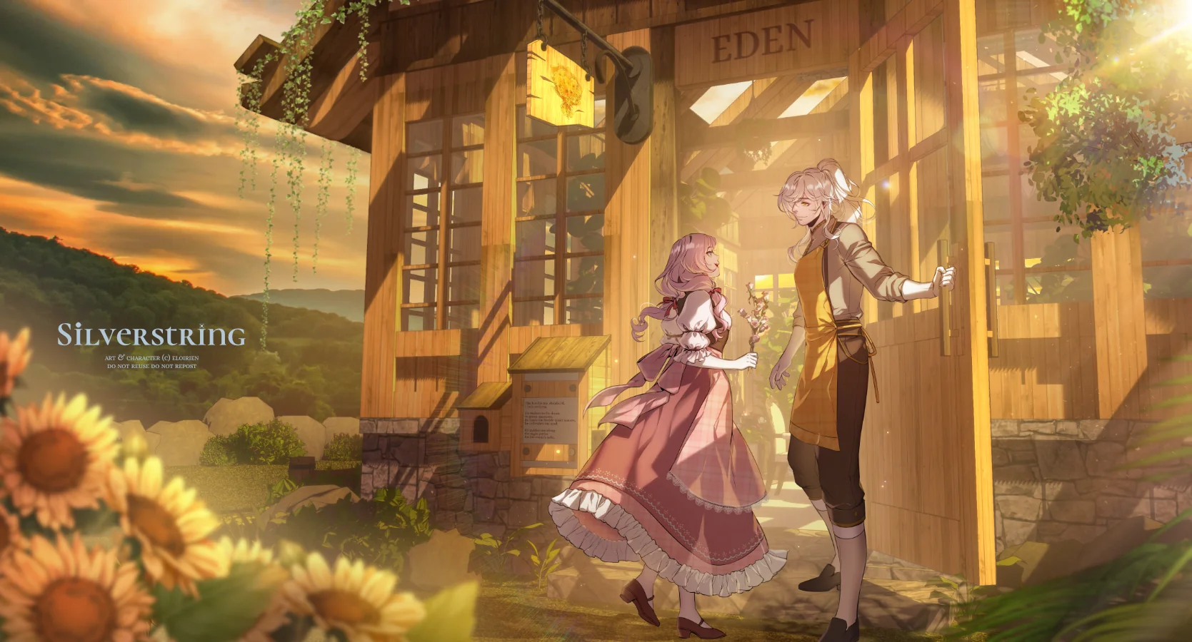 Silverstring Gallery: Princess Alicia visiting Esvath at the 'Eden' greenhouse during a warm afternoon. Alicia, with her pink-white ombre hair, is smiling as she holds a freshly picked flower branch, while Esvath opens the greenhouse door for her.