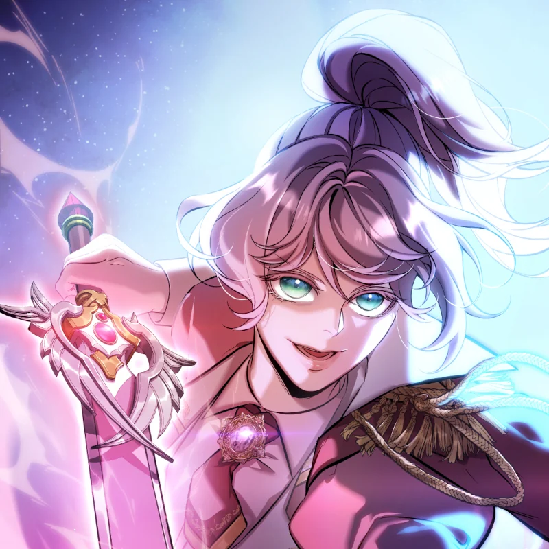 A cinematic close-up Silverstring webtoon panel of Princess Alicia preparing for battle. She wears her official military uniform and smiles cheekily while holding her sword close to her face. The blade is wreathed in blazing holy fire, reminiscent of the biblical burning bushes. The brilliant pink flames contrast against her pink-white ombre hair, capturing her fearless spirit and divine blessing. Bible-inspired Christian comic by artist Eloirien.
