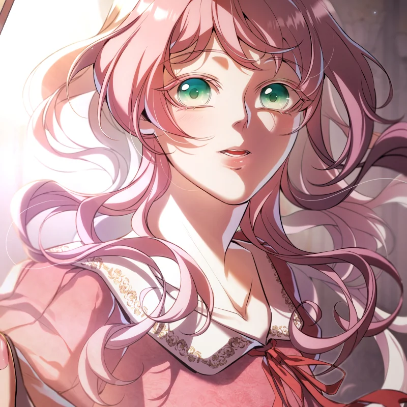 Silverstring Webtoon Illustration: A cinematic, high-quality portrait of Princess Alicia with long pink-white ombre hair, gazing at her own reflection in a mirror. Her face captures a look of pure awe and wonder. The scene features dramatic 45-degree angle lighting, creating beautiful contrasts. Official artwork by Eloirien.