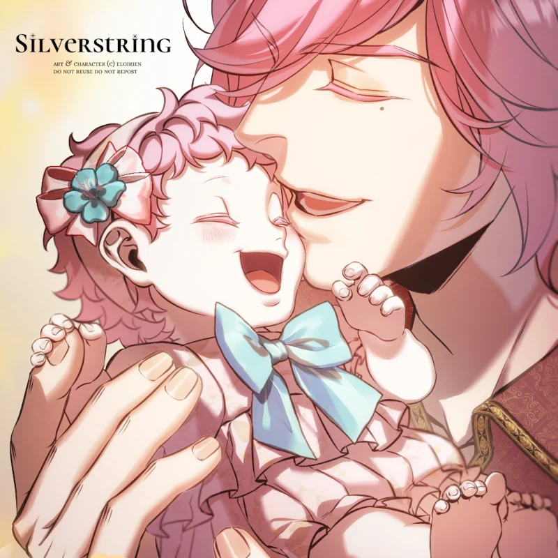 A heart-melting flashback illustration of the Kingdom of Luminus from Silverstring webtoon. A young Prince Ilios, in his early 20s, cradles baby Alicia in his arms with a look of pure devotion. He smiles tenderly, leaning in so close his face almost touches hers. Baby Alice, dressed in a soft pink dress with a large blue ribbon and a matching flower bandana, laughs joyfully while her tiny hand tightly grasps one of Ilios' fingers. The scene captures the foundational love of the Principality of Thyatira's sovereign for his daughter.